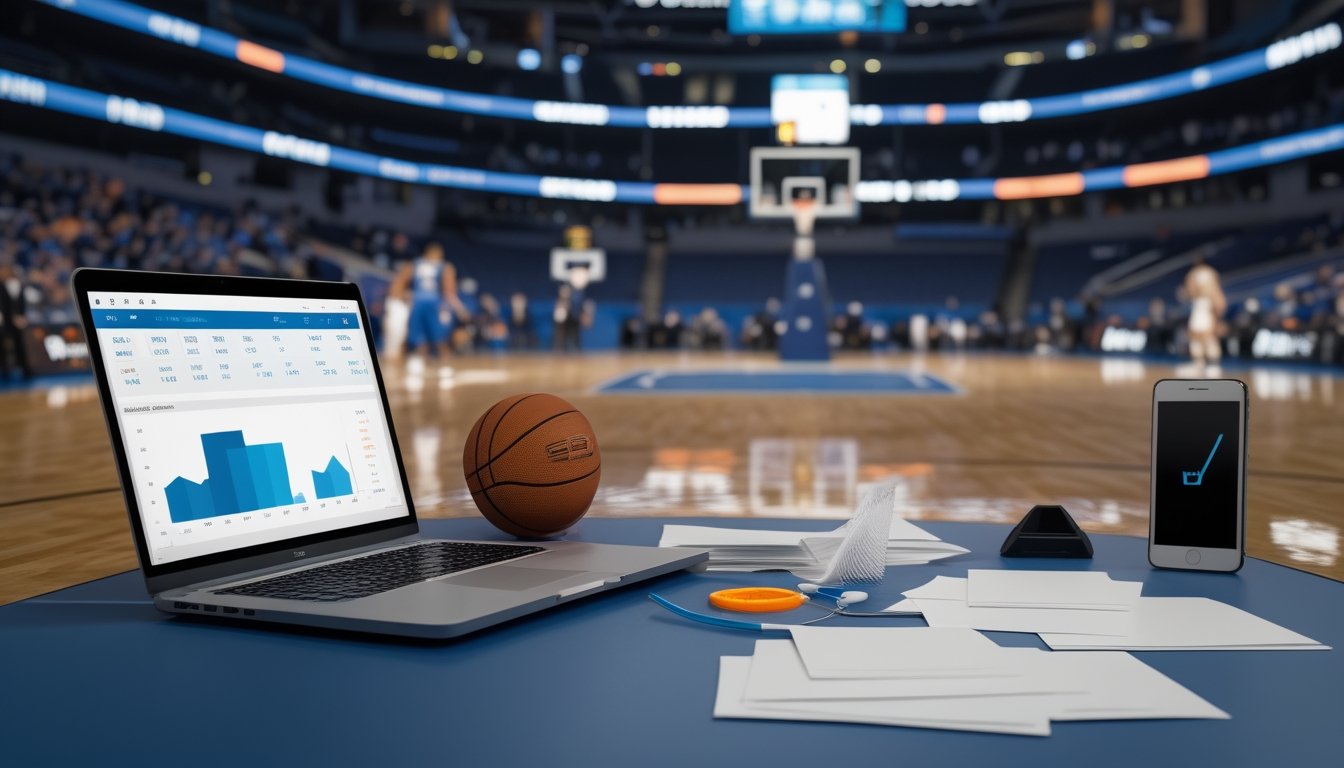 Suasana arena bola basket dengan pertandingan berlangsung dan meja berisi perangkat analisis pertandingan.