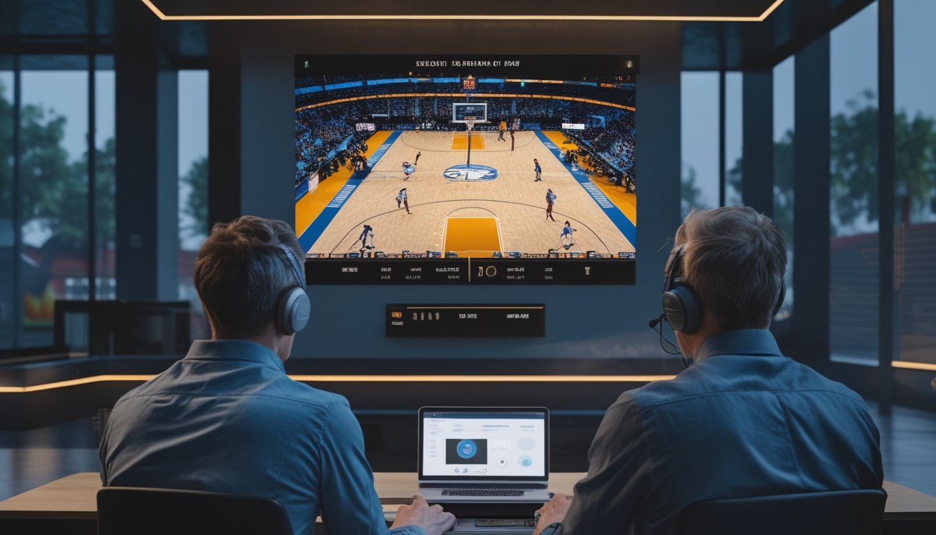 Seseorang menilai siaran langsung pertandingan bola basket melalui laptop dan layar besar di ruang modern.