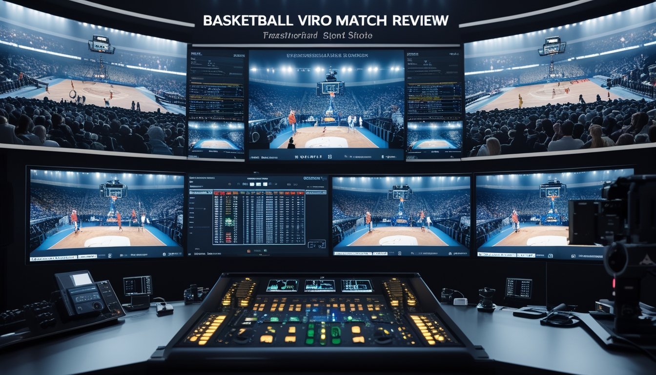 Ruang kontrol siaran olahraga dengan beberapa layar yang menampilkan pertandingan basket dan peralatan produksi profesional.
