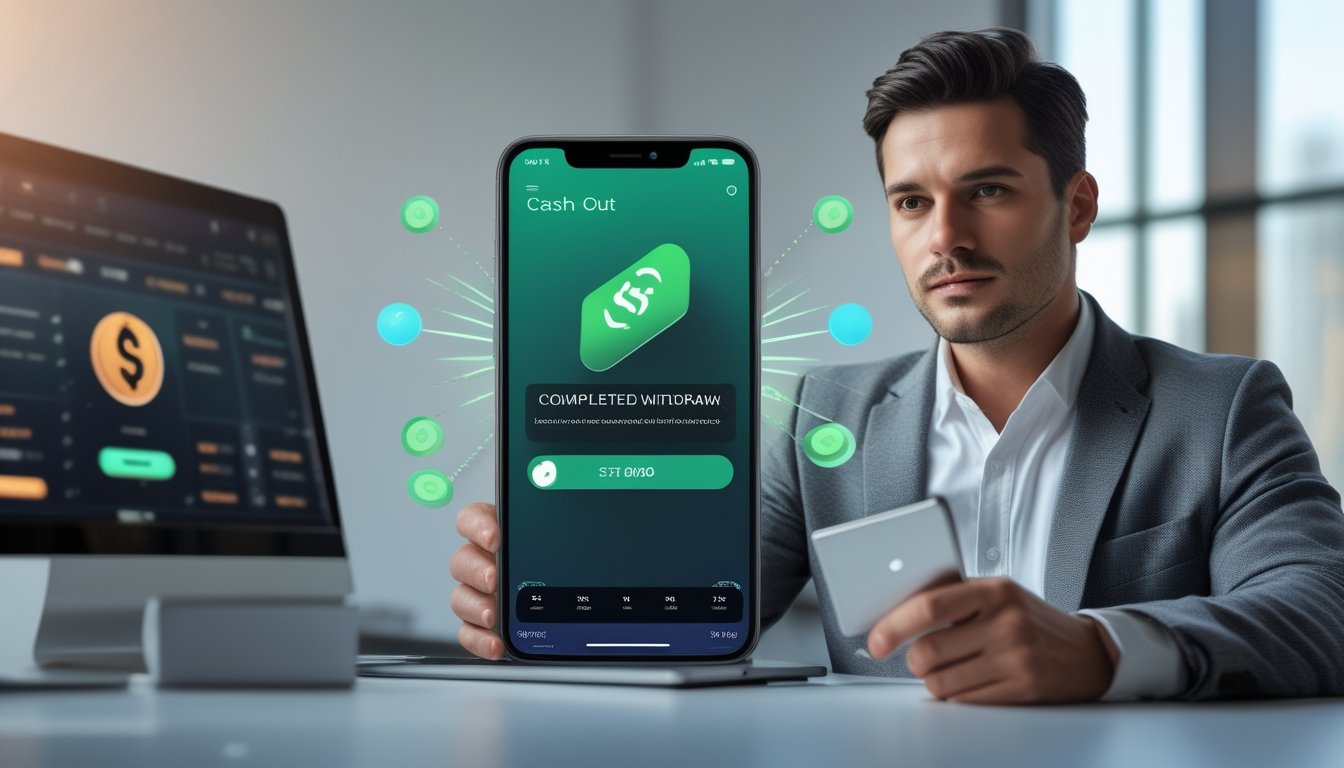 Orang dewasa memeriksa konfirmasi transaksi digital di ponsel dalam ruang kerja modern, dengan laptop menampilkan antarmuka olahraga yang dibuat samar.