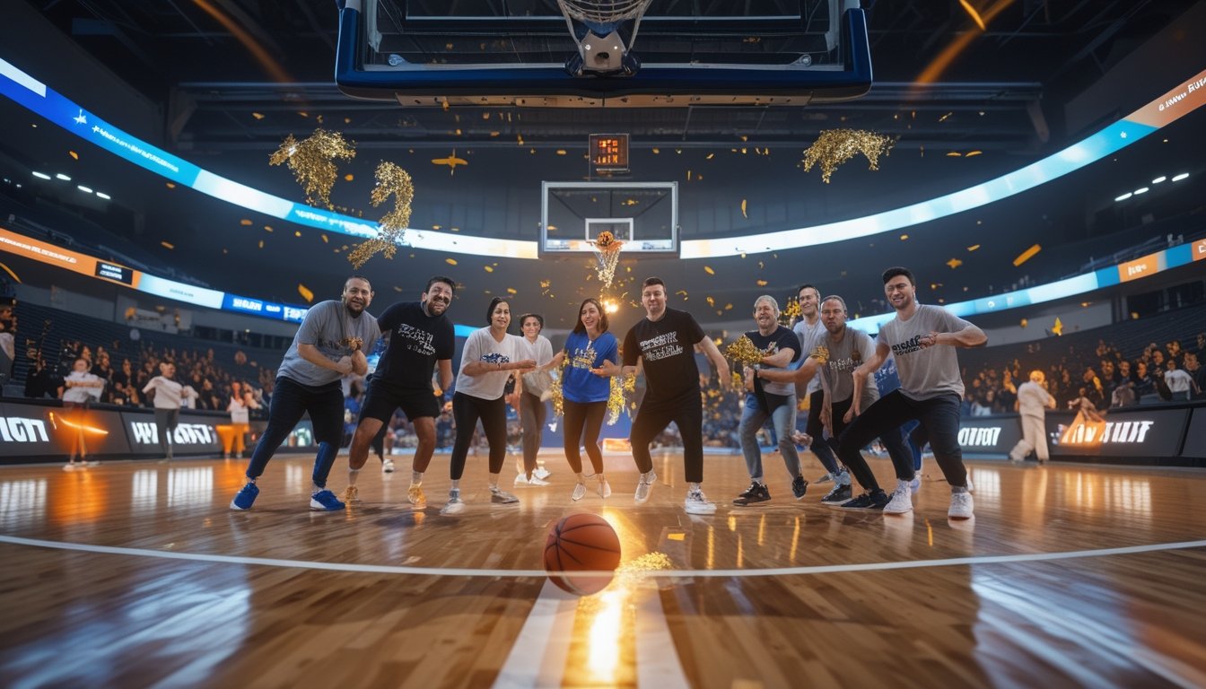 Penggemar bola basket dewasa merayakan suasana pertandingan di arena dengan bola basket dan konfeti keemasan.
