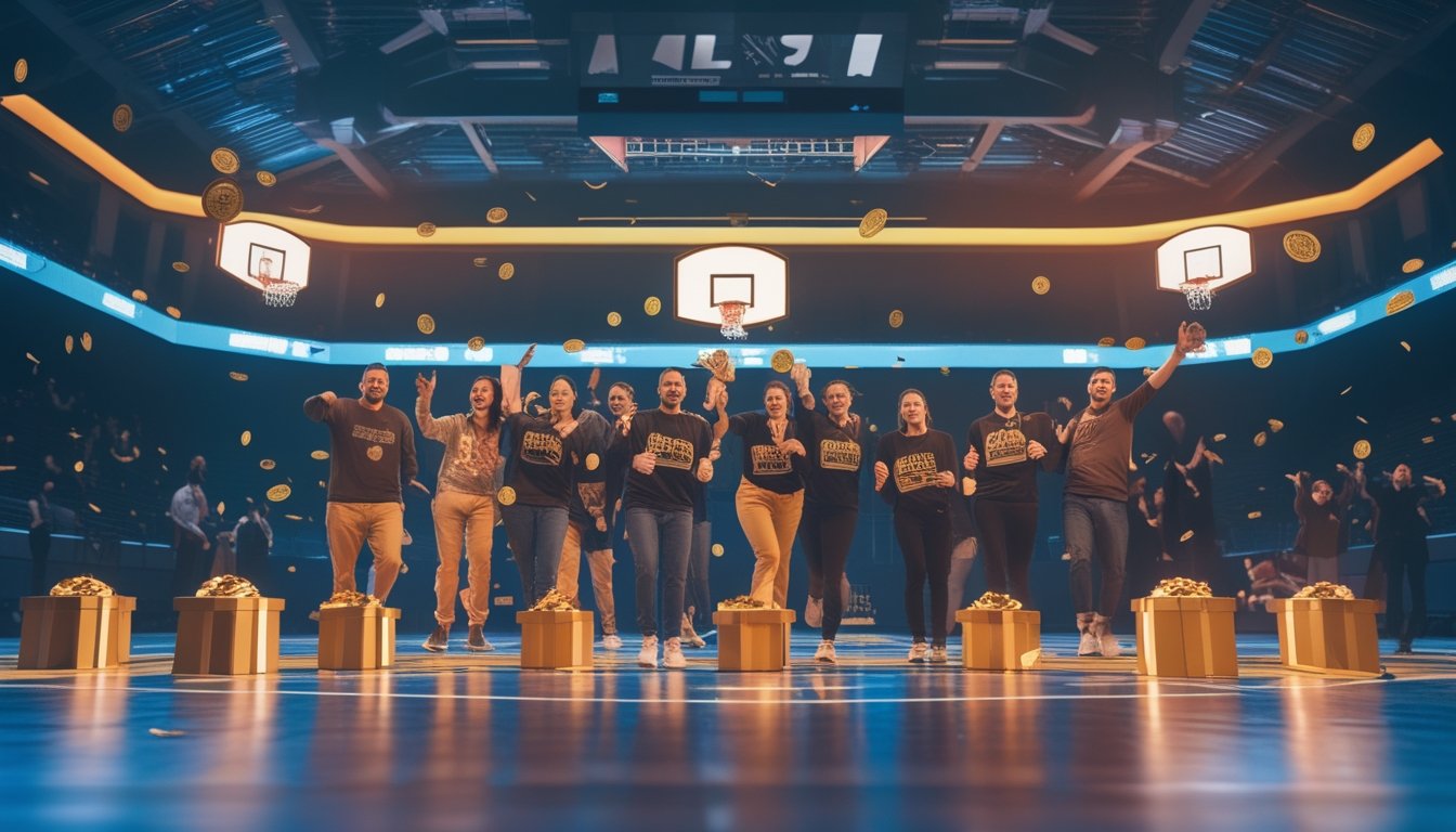 Sekelompok penggemar dewasa merayakan sambutan member baru di arena basket dengan hadiah dan dekorasi promosi.