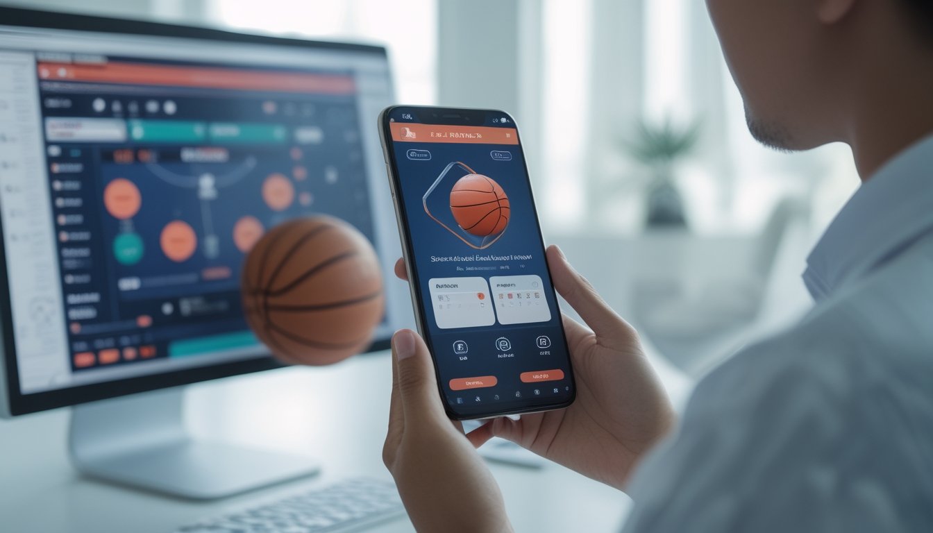 Seseorang menggunakan ponsel untuk mengakses aplikasi bertema bola basket di ruang kerja modern.