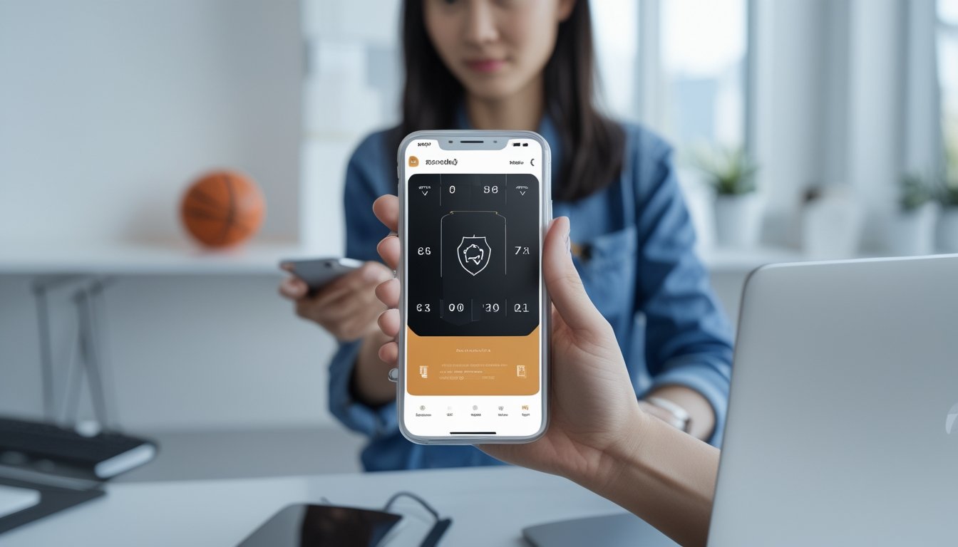 Seseorang menggunakan ponsel dengan aplikasi olahraga di ruang kerja modern, ditemani router Wi-Fi dan aksesori bola basket.