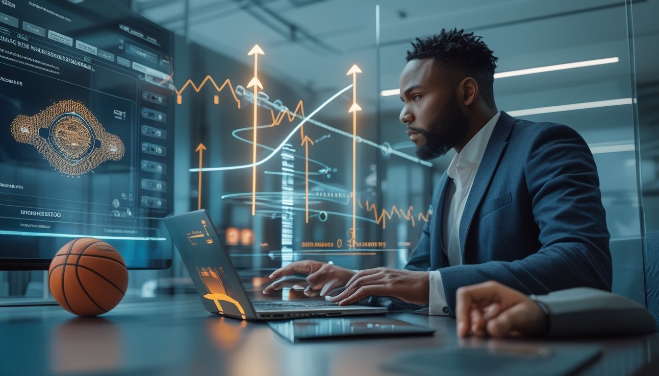 Analis memeriksa proses transaksi digital cepat pada laptop dan ponsel dengan aksen bola basket.