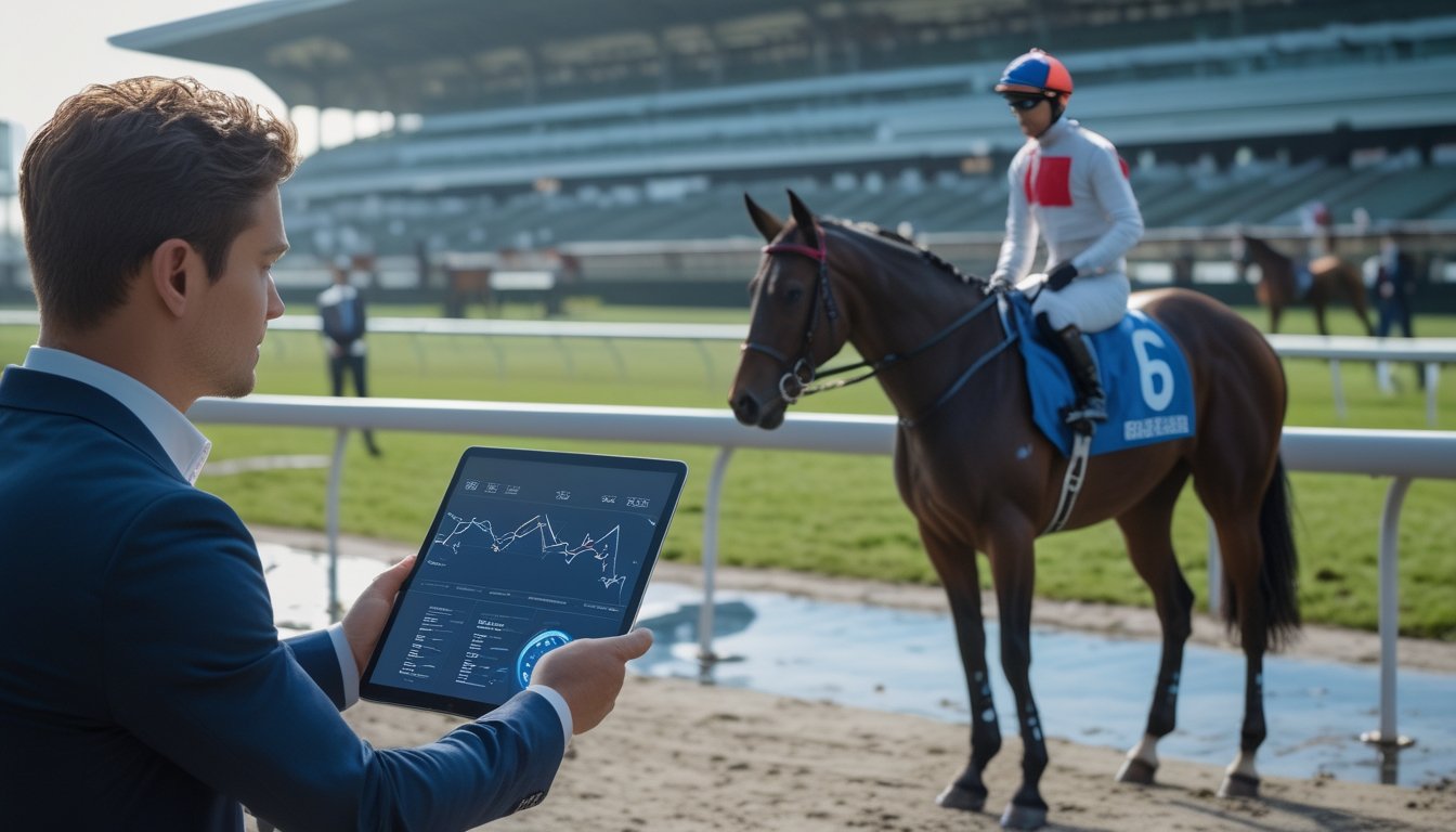 Seorang analis memeriksa data performa di dekat joki dan kuda balap di area paddock.