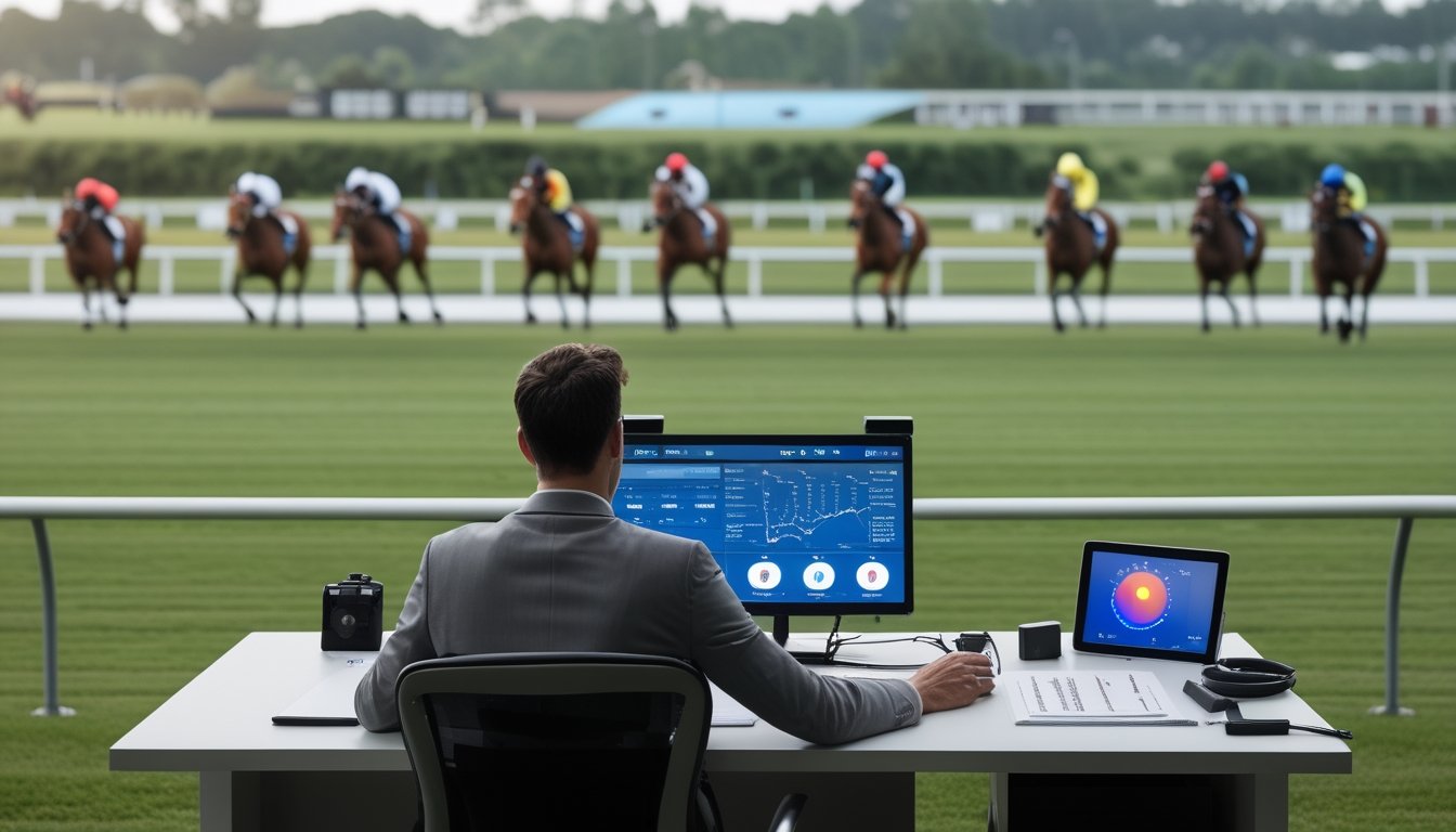 Seorang analis mempelajari data lintasan pacuan kuda di dekat arena dengan beberapa kuda dan joki sedang berlatih.