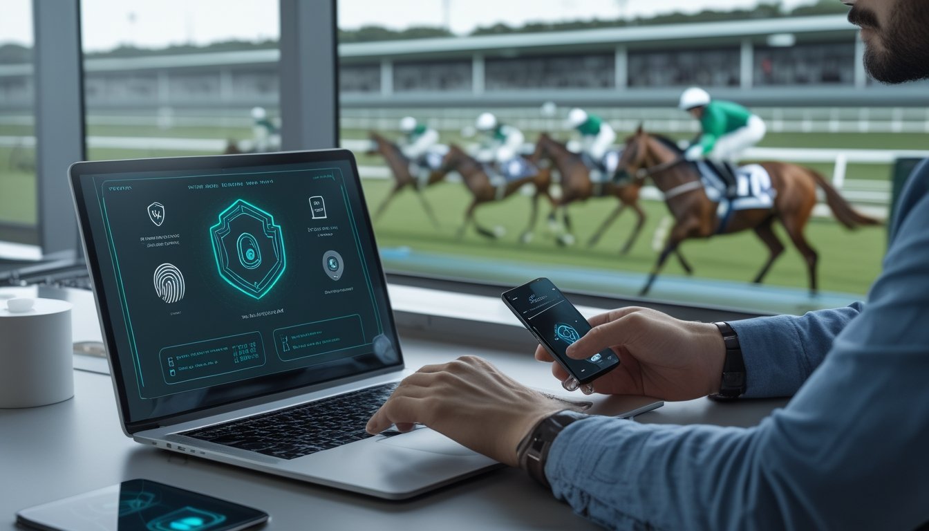 Seseorang menggunakan ponsel dan laptop untuk transaksi digital aman dengan latar arena pacuan kuda.