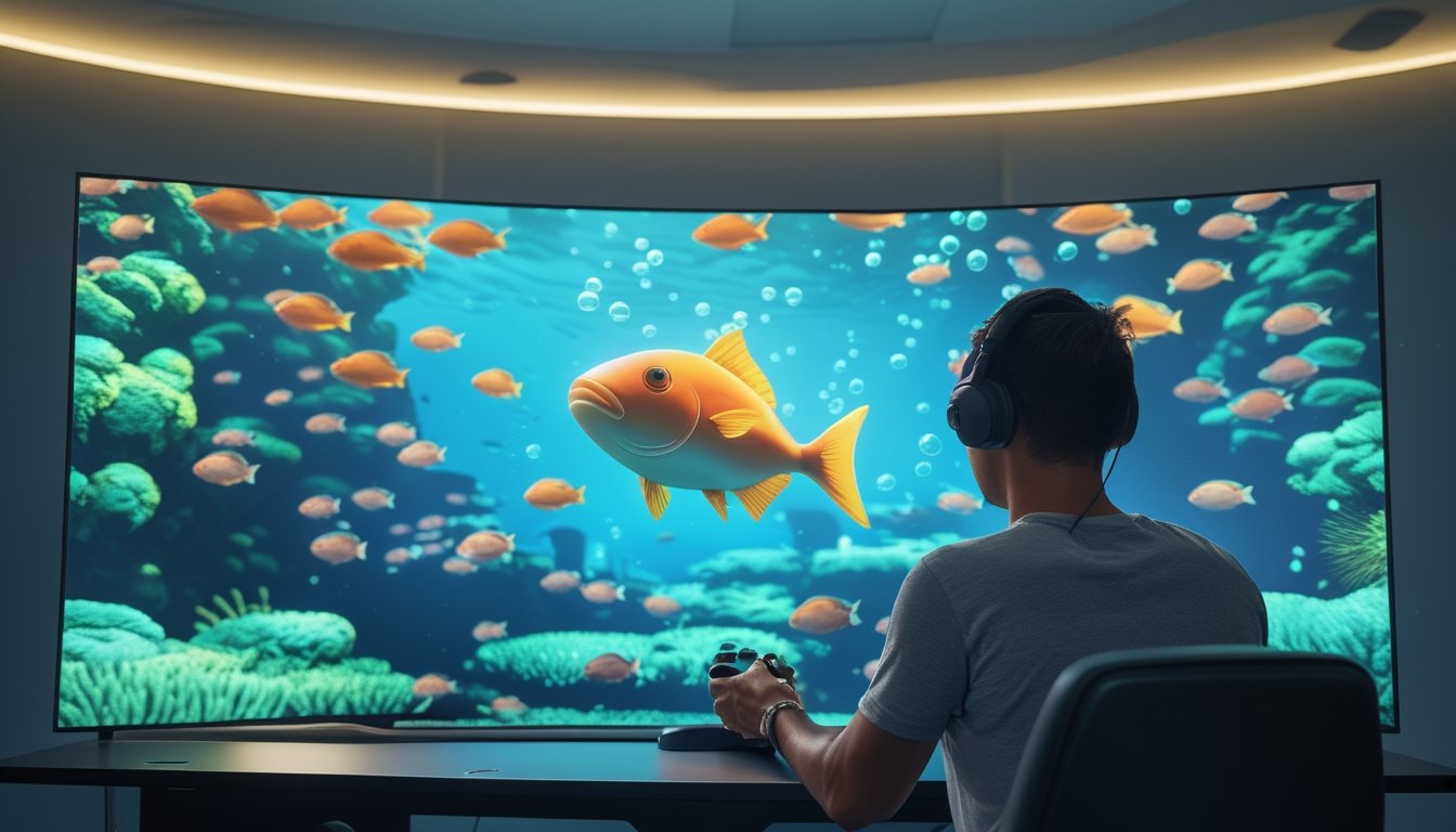 Pemain mengarahkan pengontrol ke ikan bos besar di layar permainan bawah laut.