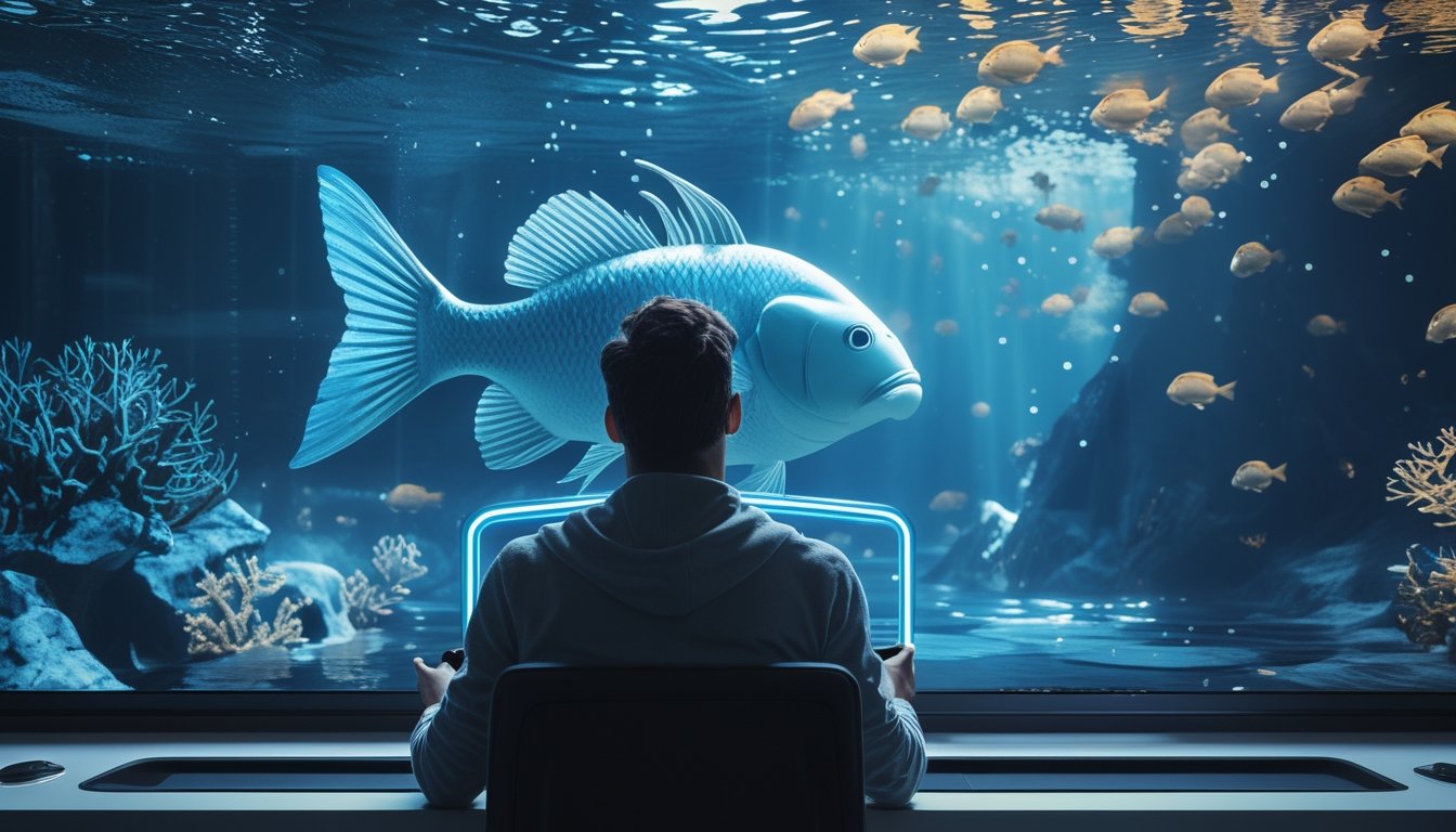 Seorang pemain membidik ikan boss raksasa di layar permainan bawah laut sambil mengamati pola gerombolan ikan.