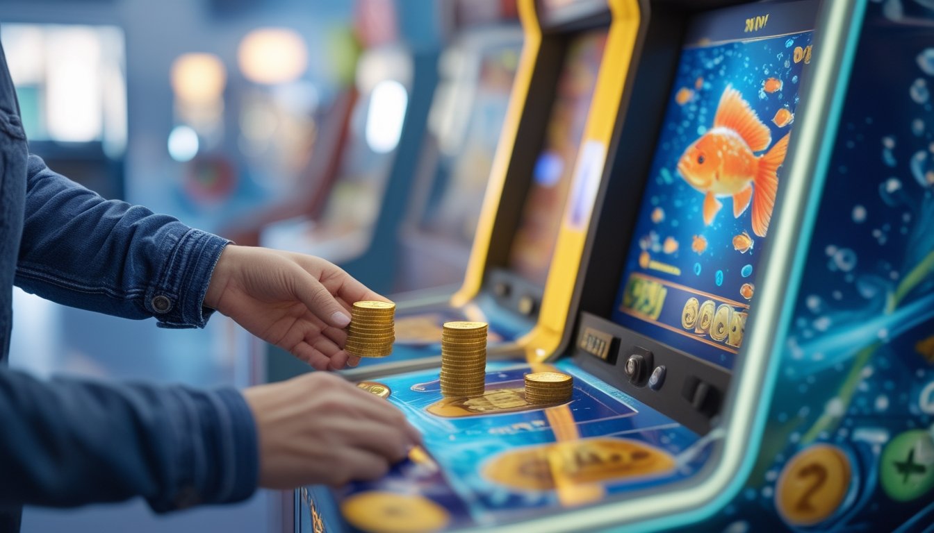 Pemain mengatur sejumlah token kecil dengan hati-hati di depan mesin permainan tembak ikan.