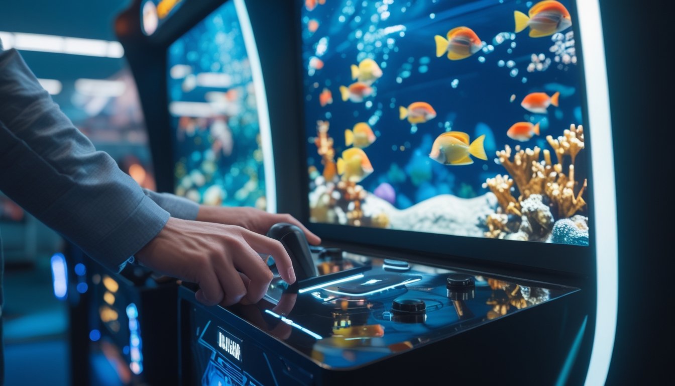 Pemain memilih dan mengarahkan meriam futuristis pada permainan menembak ikan berlatar dunia bawah laut.