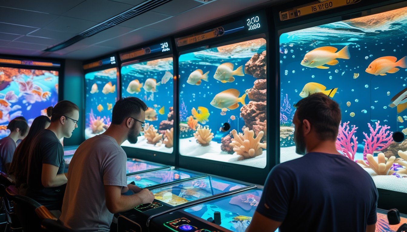 Pemain dewasa memilih dan mengoperasikan meriam dalam permainan arcade bertema bawah laut.