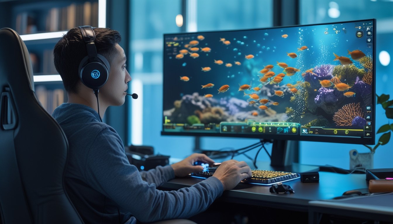 Pemain fokus menggunakan pengontrol di depan layar permainan menembak ikan dengan suasana bawah laut yang berwarna-warni.