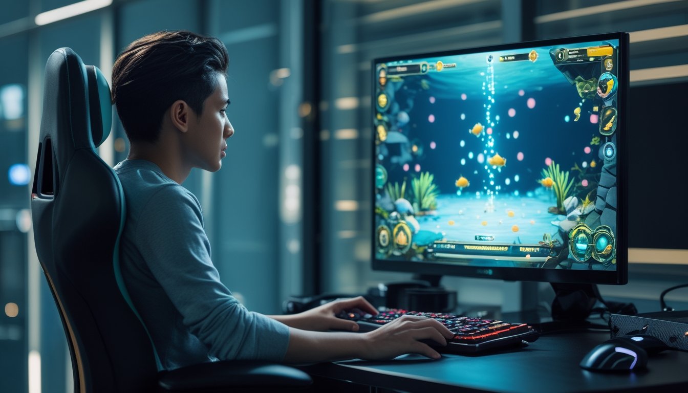Seorang pemain fokus menganalisis permainan tembak ikan di depan monitor dengan suasana ruang bermain modern.
