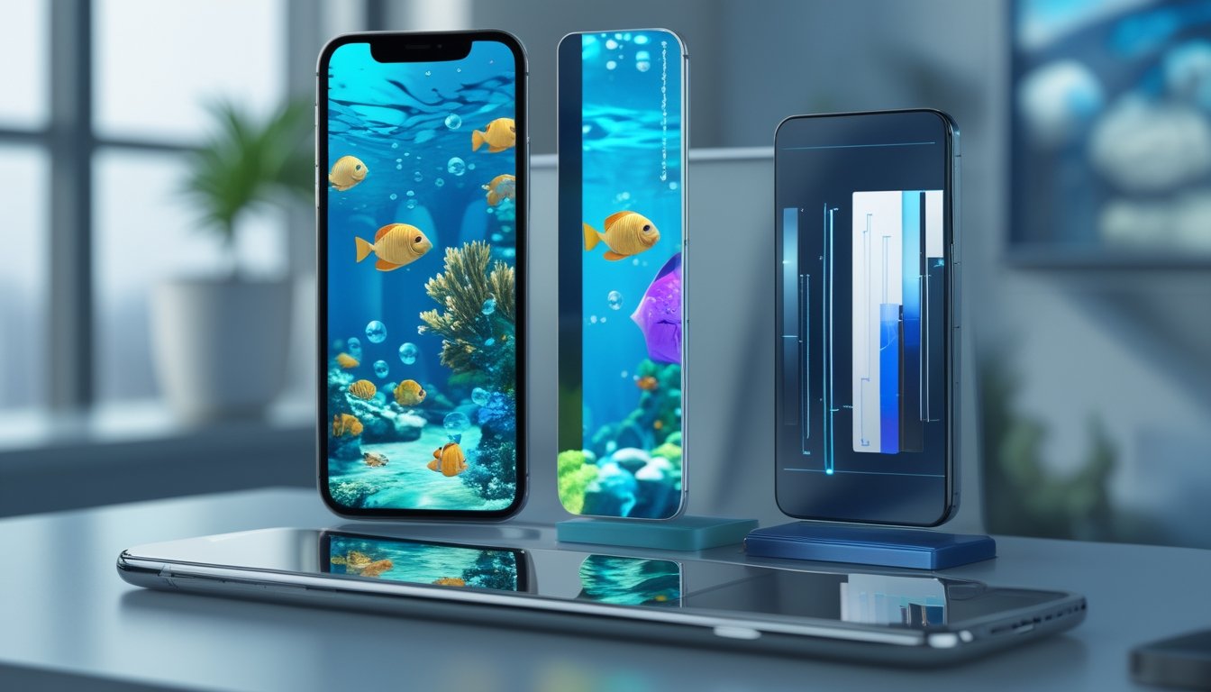 Dua ponsel menampilkan perbandingan visual permainan menembak ikan bawah laut dengan tingkat detail dan kelancaran yang berbeda.