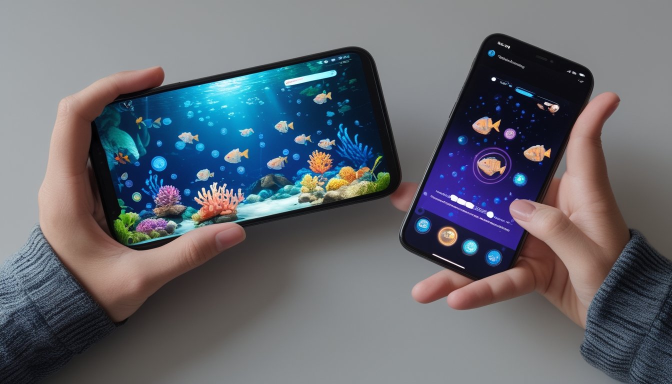 Dua ponsel menampilkan permainan tembak ikan bawah laut dengan kualitas grafis dan kelancaran permainan yang berbeda.
