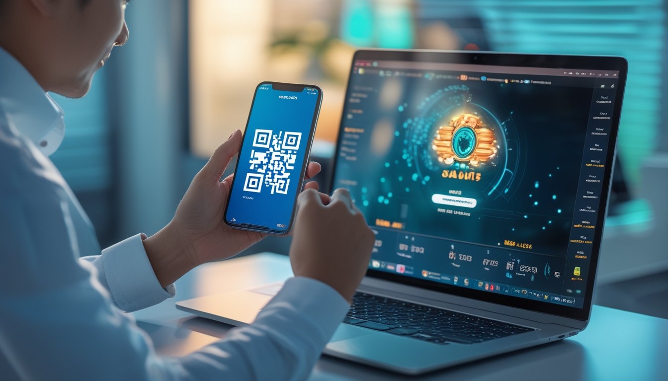 Seseorang memindai kode QR di laptop menggunakan ponsel untuk melakukan pembayaran digital.