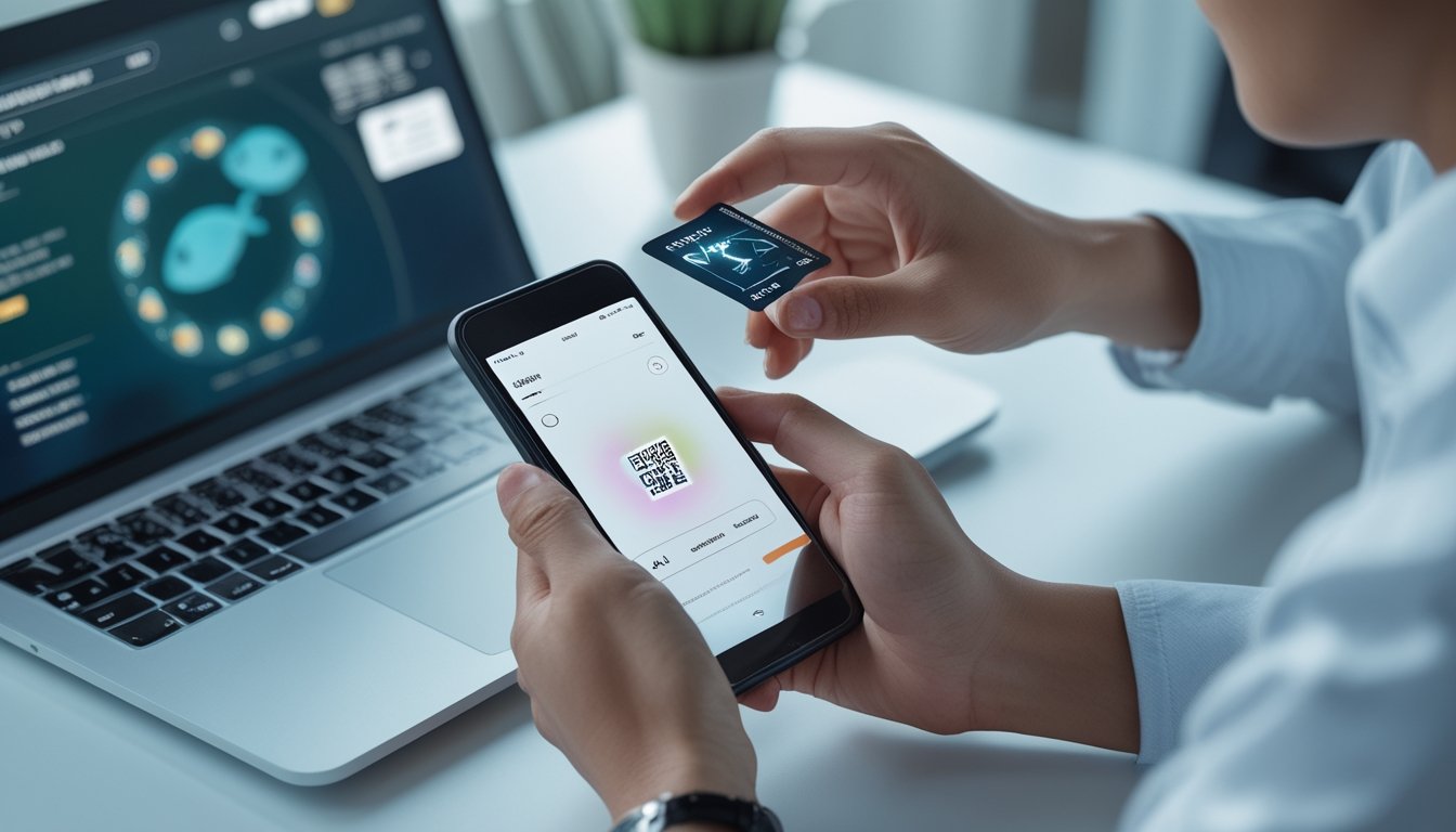 Orang dewasa memindai kode QR dengan ponsel untuk melakukan pembayaran digital di depan laptop.