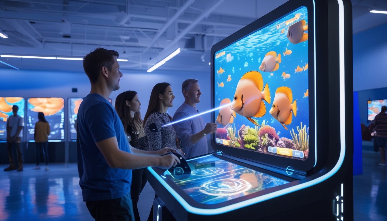 Pemain dewasa menggunakan konsol permainan interaktif bertema bawah laut dengan pengendali laser bercahaya di arena hiburan modern.