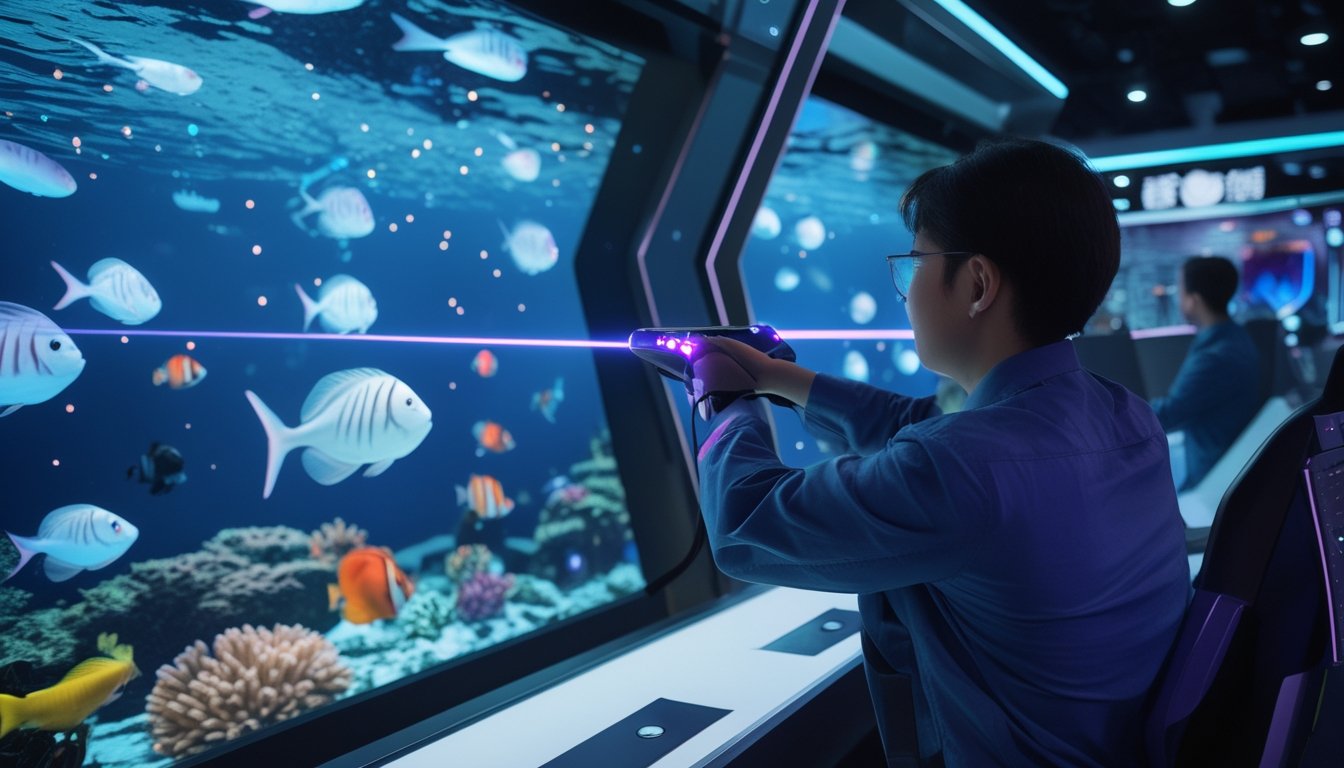 Seorang pemain menggunakan pengendali laser canggih untuk menembak ikan digital di layar permainan bawah air futuristis.