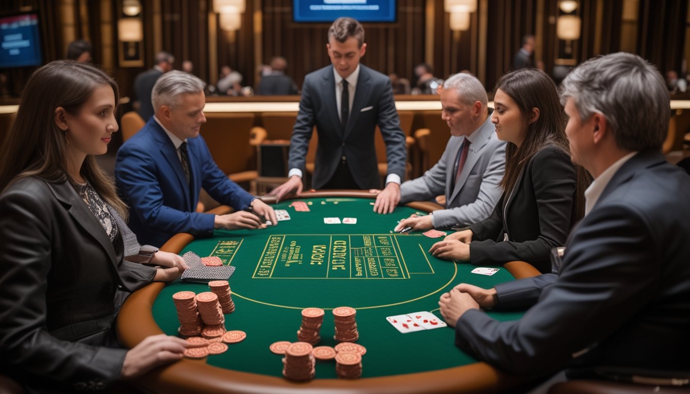 Dealer dan beberapa pemain dewasa bermain blackjack di meja kasino dengan kartu dan keping taruhan.