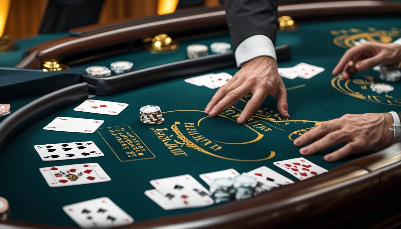 Meja blackjack dengan dealer, kartu remi, dan tumpukan keping kasino.