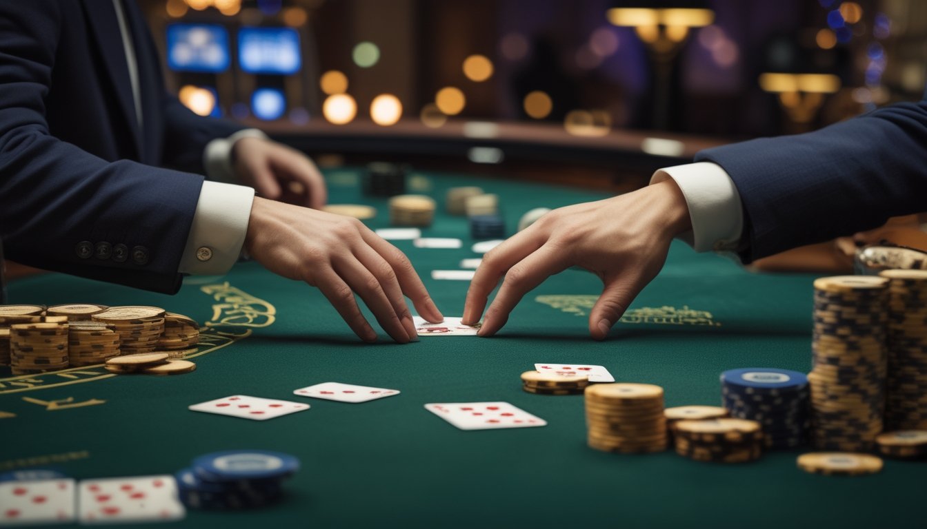 Pemain blackjack mempertimbangkan menyerah setelah melihat kartu di meja kasino.
