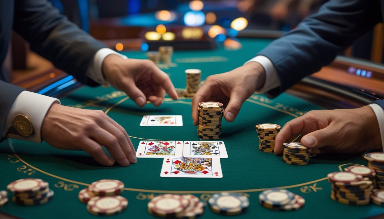 Pemain blackjack menyerahkan sebagian chip kepada dealer di atas meja kasino.