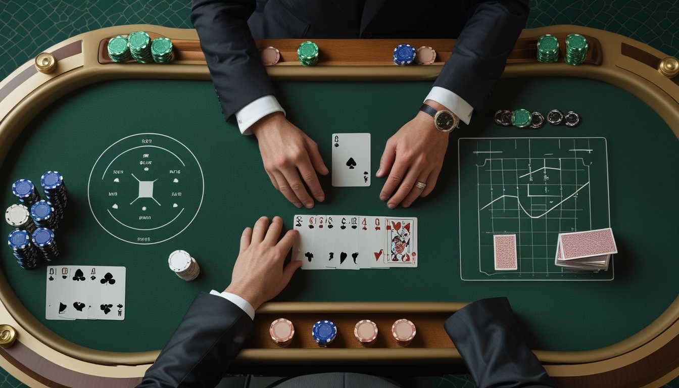 Meja blackjack dengan kartu, keping taruhan, dan tampilan grafik probabilitas abstrak.