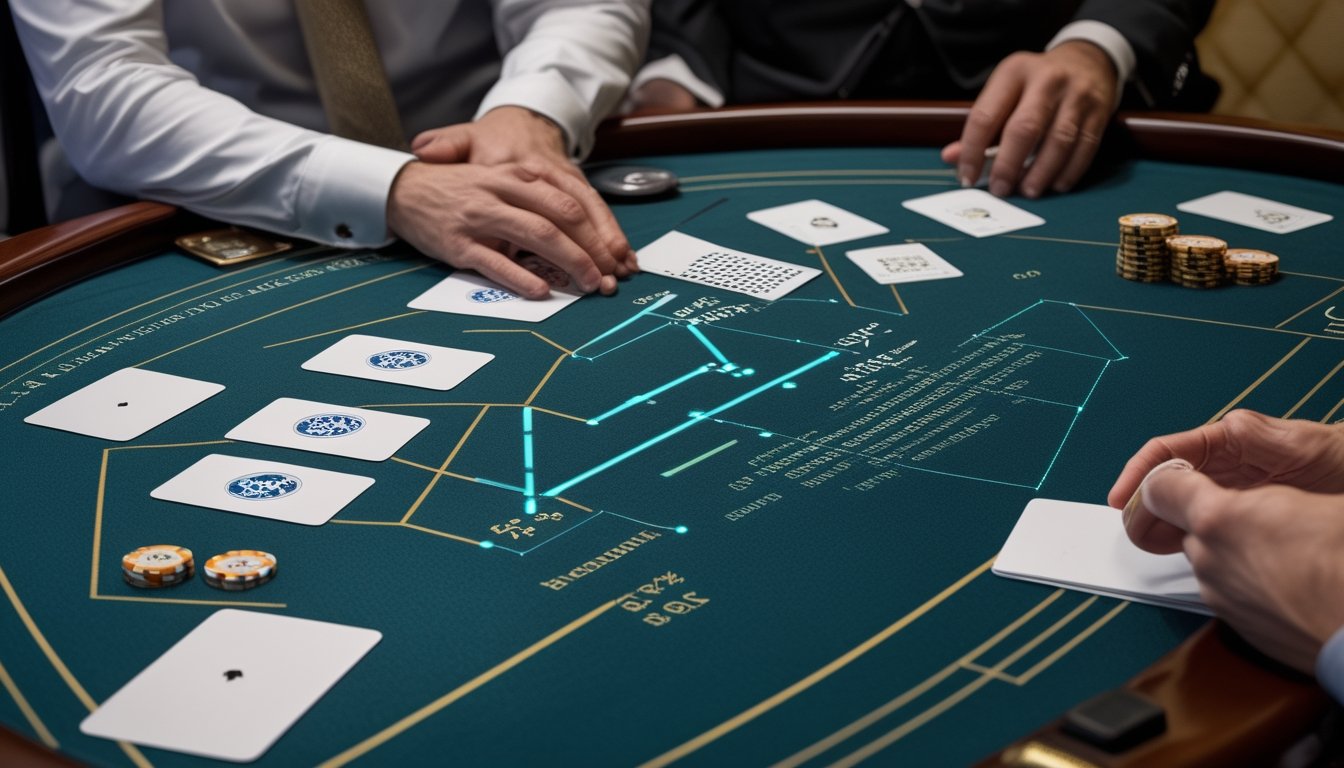Meja blackjack dengan kartu, keping taruhan, dan elemen visual abstrak yang menggambarkan analisis probabilitas.