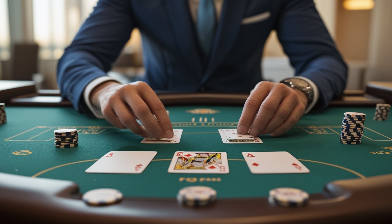 Pemain membagi sepasang kartu di meja blackjack kasino dengan dealer dan keping taruhan di sekitarnya.