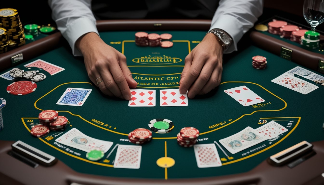 Pemain memisahkan sepasang kartu di meja blackjack dengan dealer dan keping taruhan di sekitarnya.