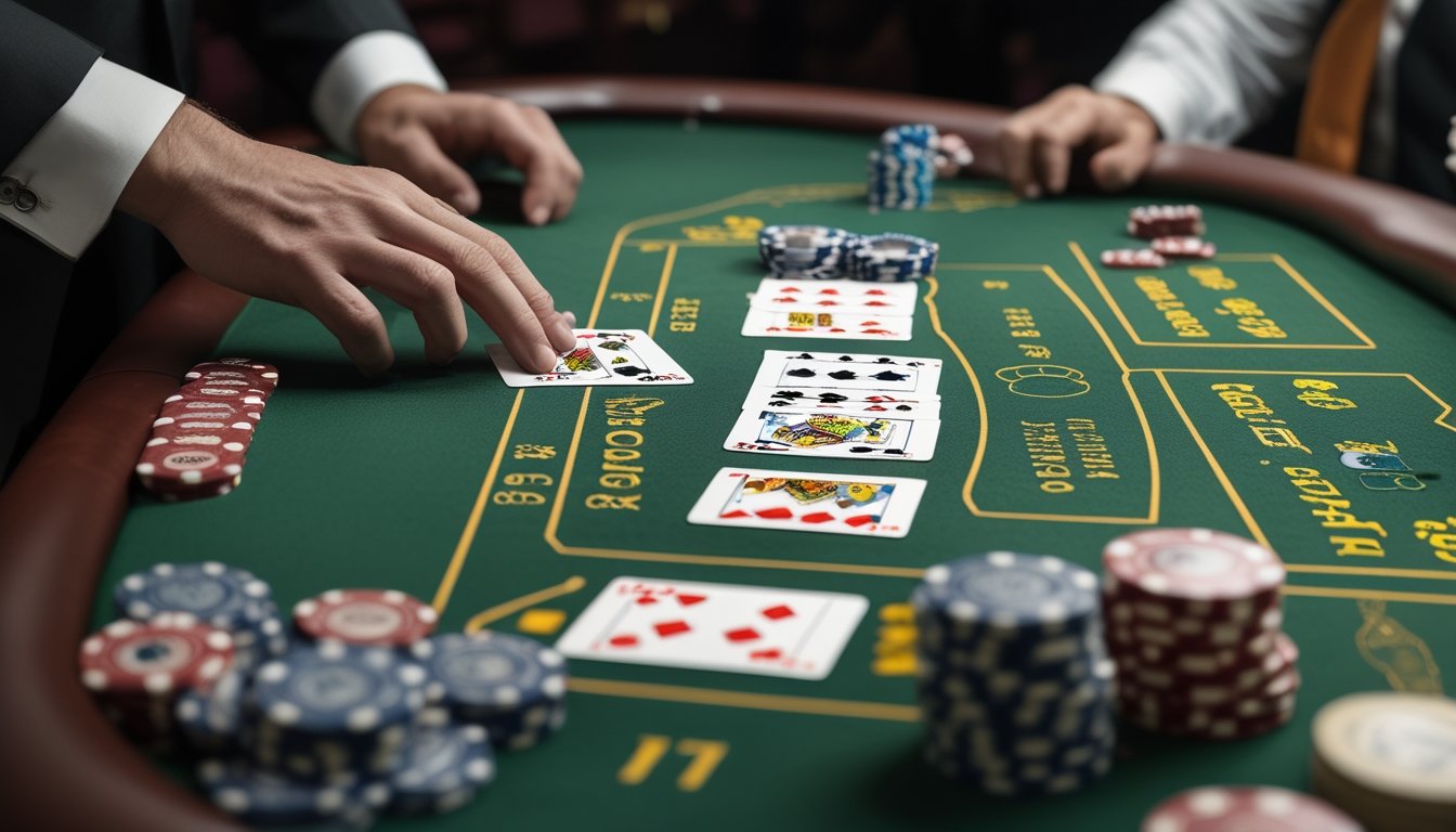 Dealer dan pemain berada di meja blackjack dengan kartu dan chip kasino yang tertata.