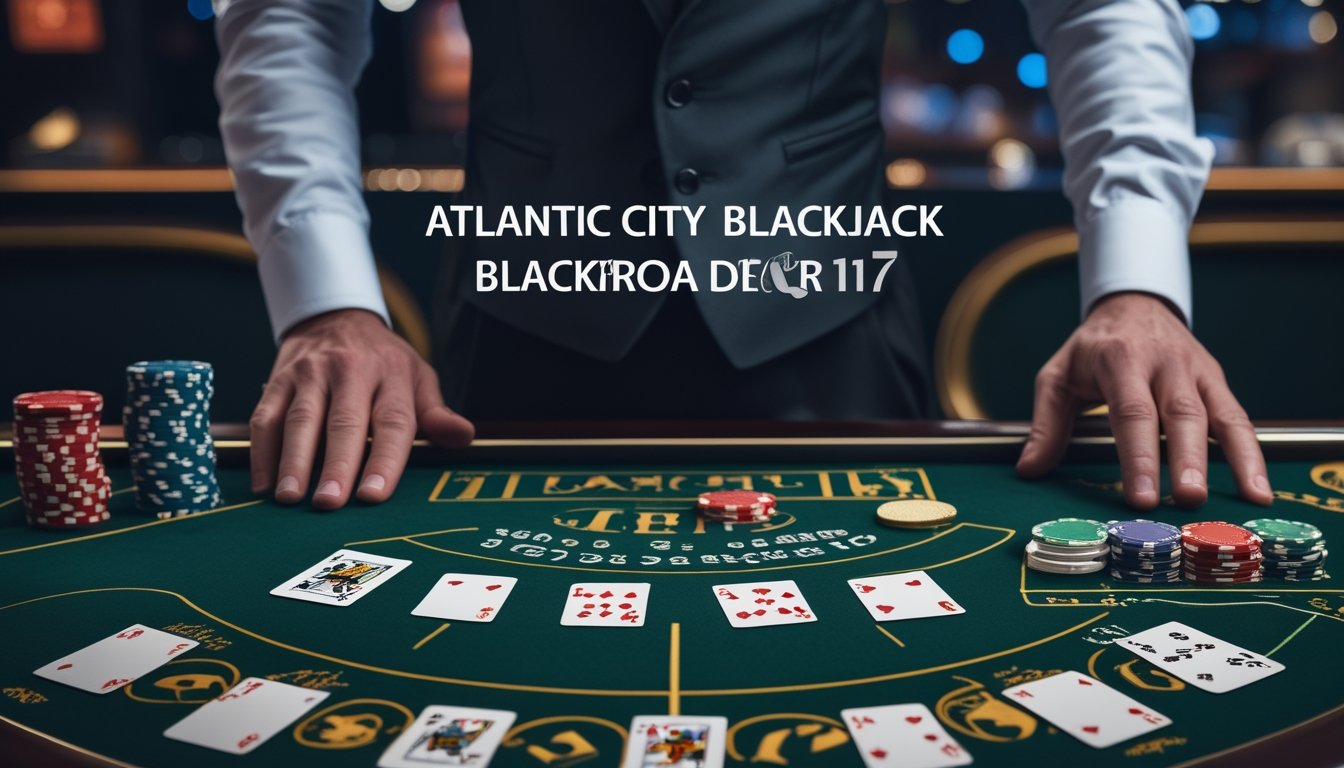 Dealer kasino berdiri di belakang meja blackjack dengan kartu as dan enam serta keping kasino.