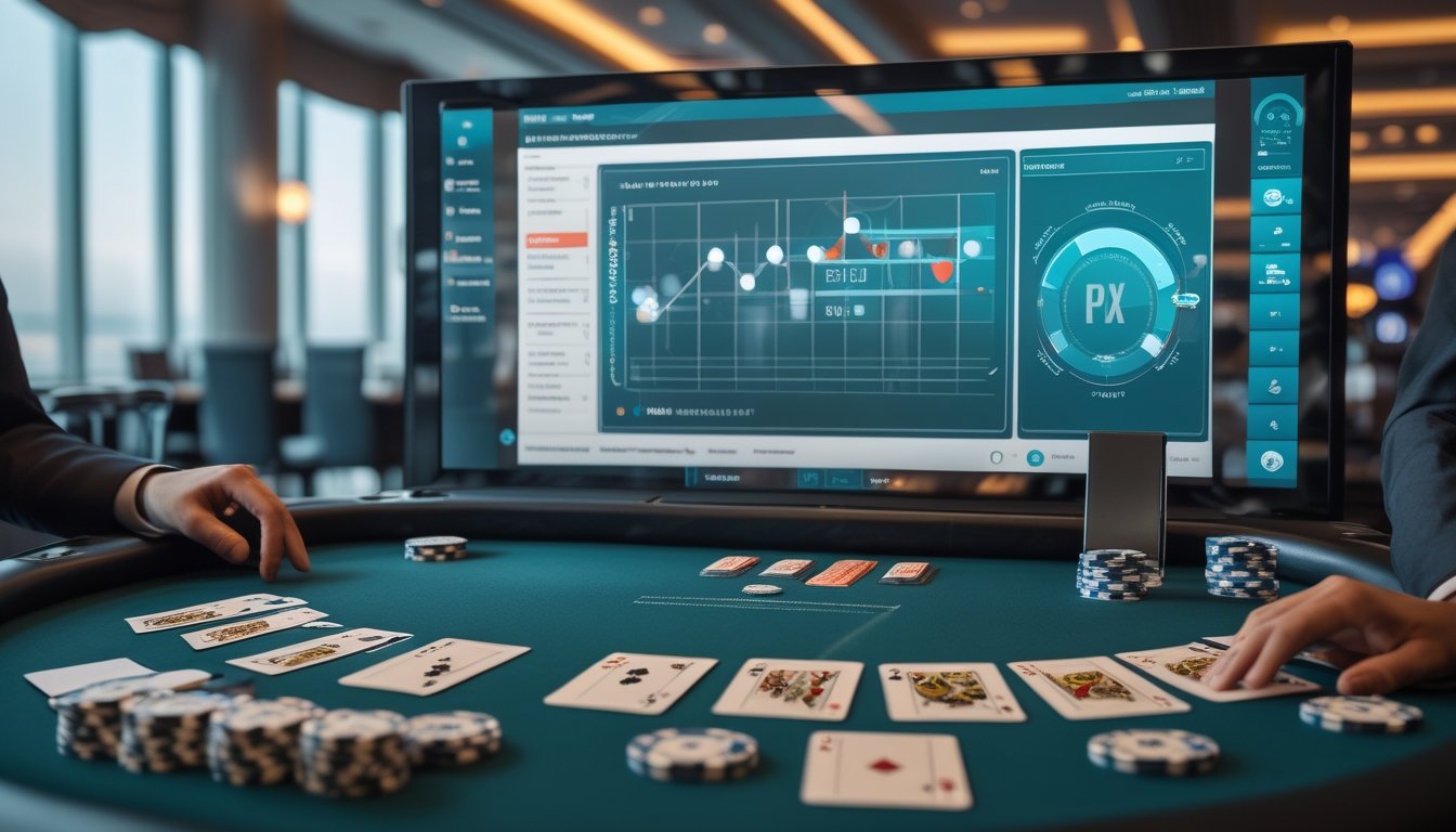 Meja blackjack modern dengan kartu, keping, dealer, dan tampilan digital berisi grafik abstrak di lingkungan kasino.