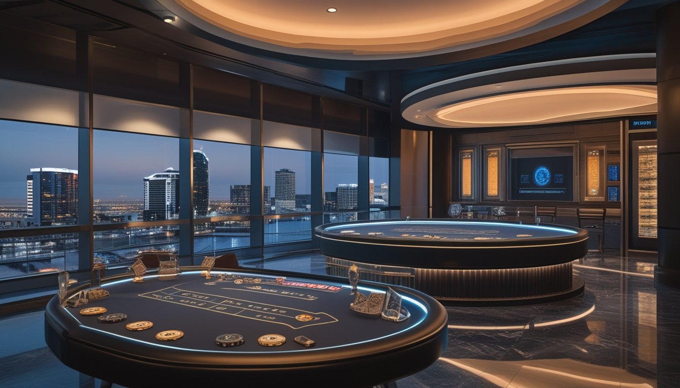 Meja blackjack digital modern dengan kartu dan chip, berlatar suasana kota Atlantic City pada malam hari.