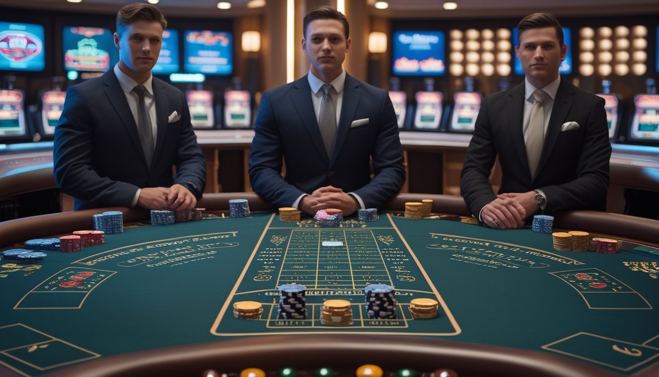 Tiga meja blackjack bergaya Atlantic City, Eropa klasik, dan Vegas Strip ditampilkan berdampingan di dalam kasino mewah.