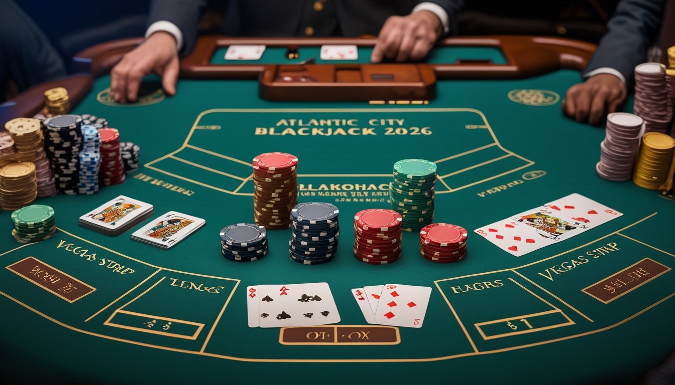 Meja blackjack kasino dengan kartu, chip, dan perlengkapan permainan yang tertata rapi.