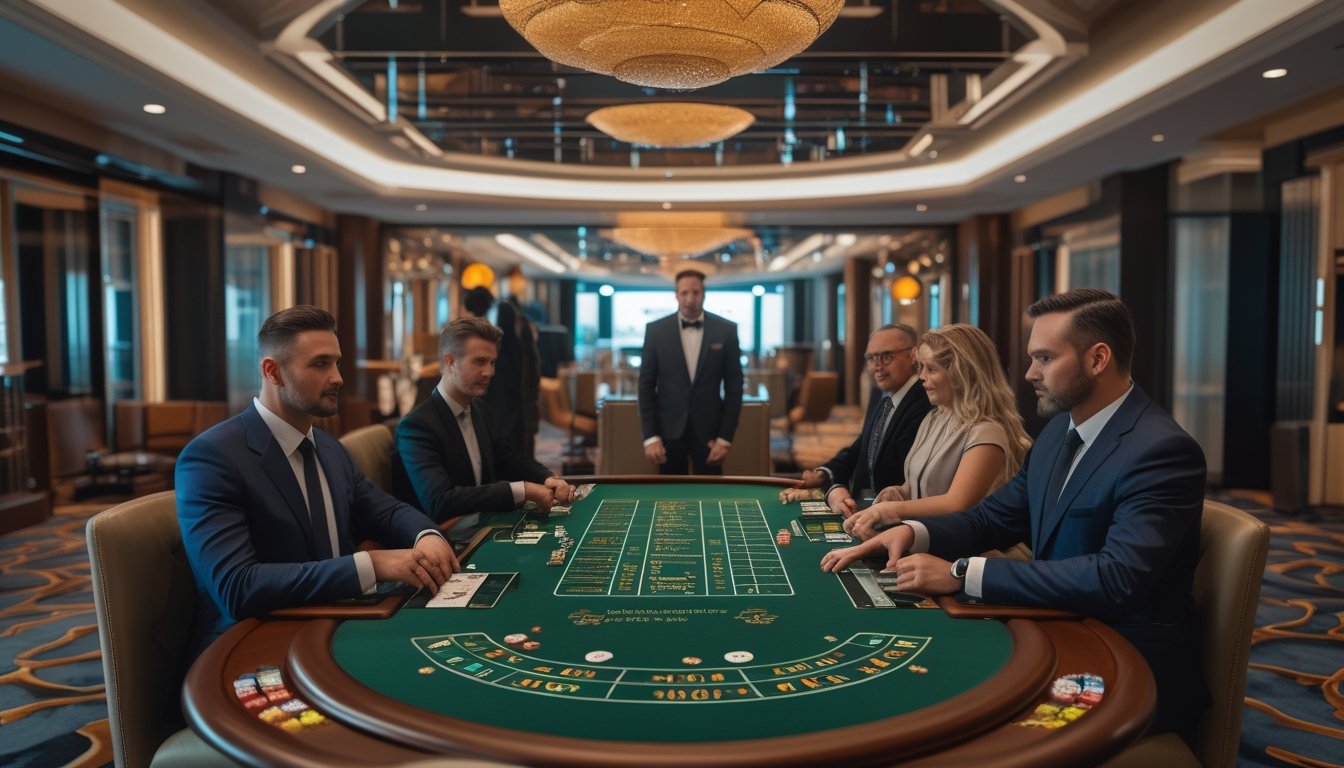 Suasana meja blackjack mewah dengan dealer dan beberapa pemain berpakaian elegan di kasino.