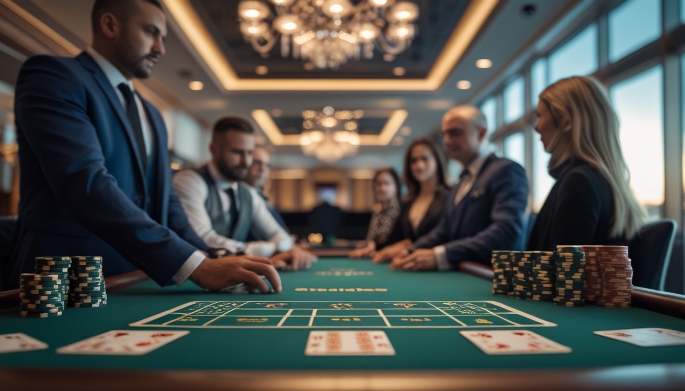 Meja blackjack mewah dengan kartu, keping kasino, dealer, dan beberapa pemain berpakaian elegan di dalam kasino.
