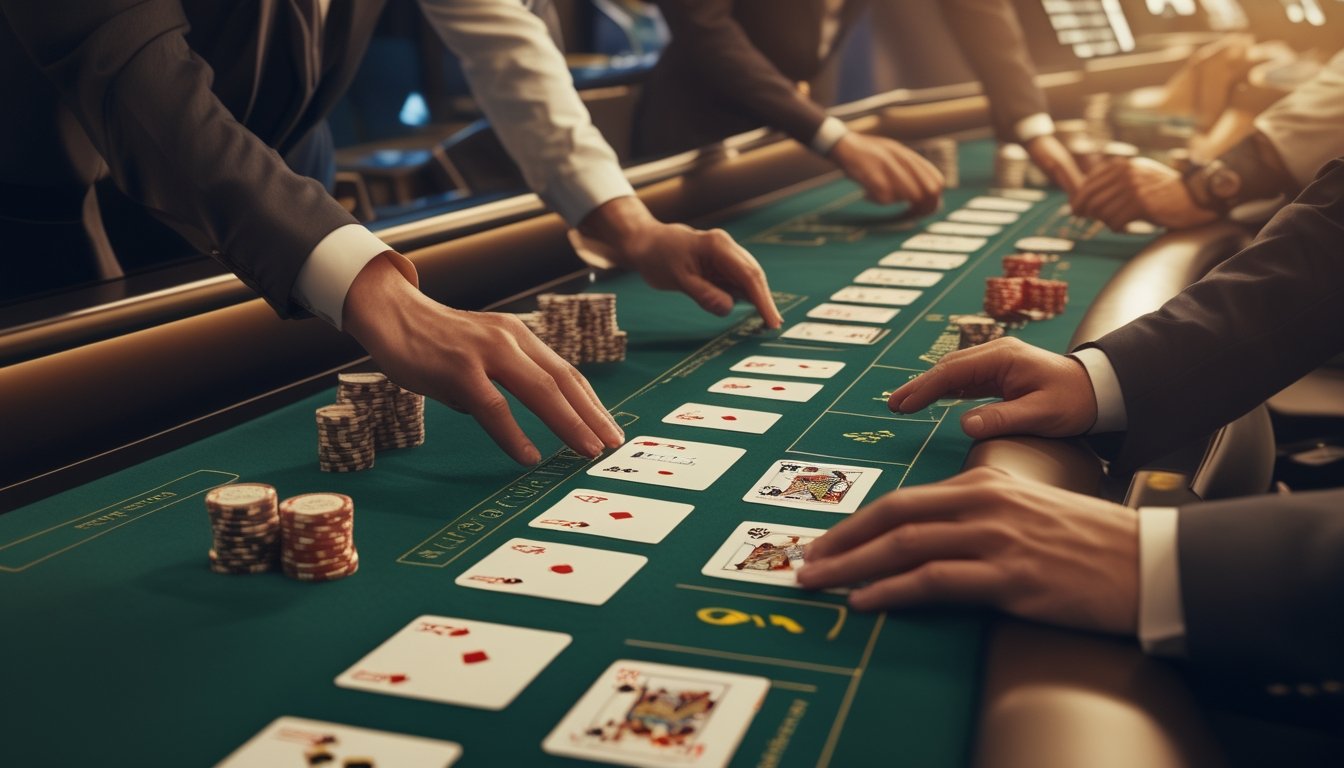 Dealer mengatur beberapa tangan permainan blackjack di meja kasino dengan kartu dan tumpukan chip.