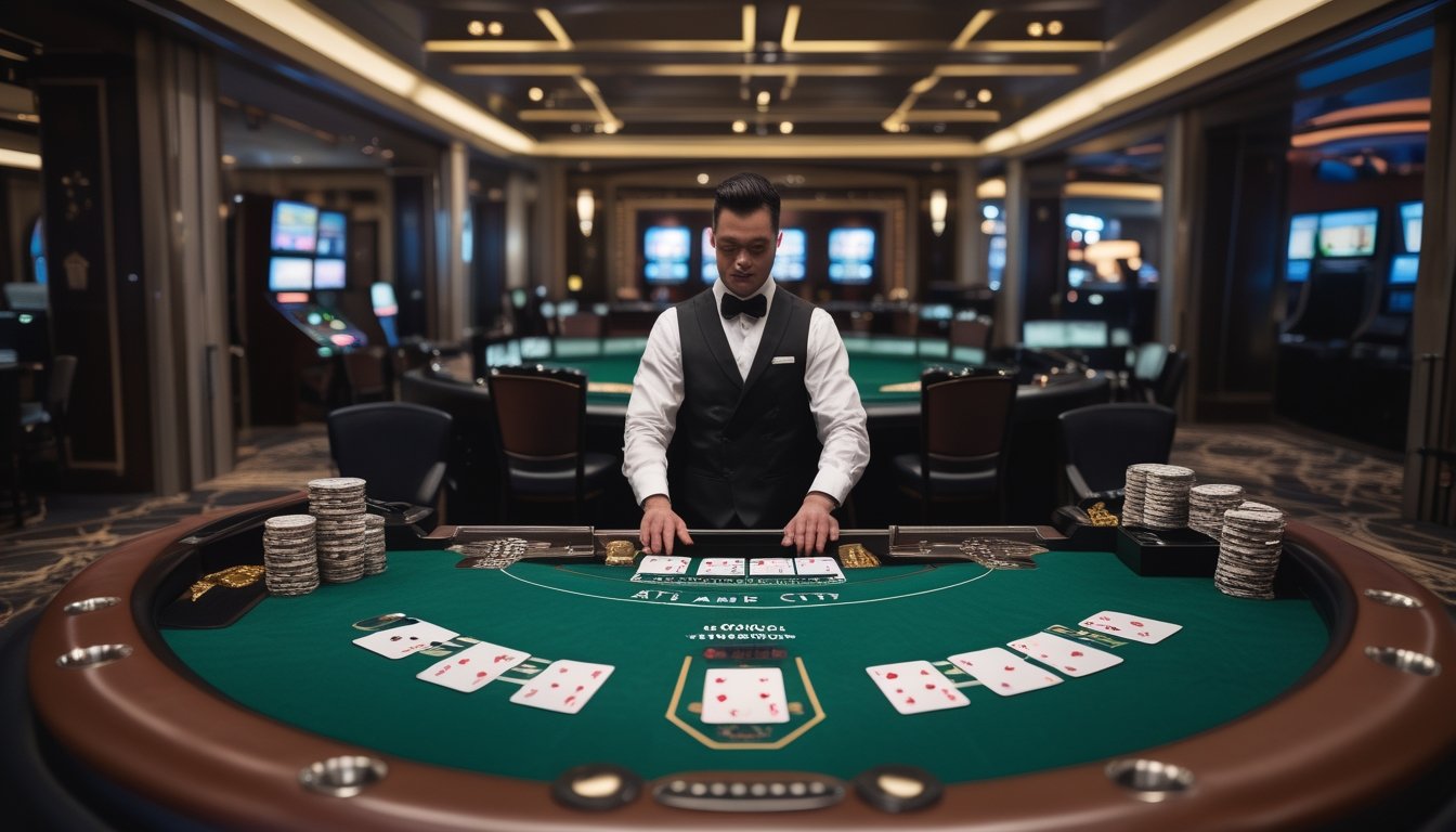 Dealer membagikan kartu di meja blackjack dengan beberapa posisi pemain dan tumpukan chip.