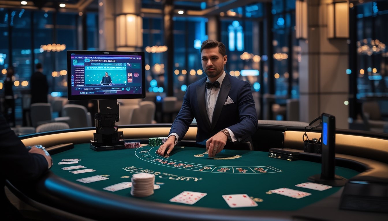 Dealer membagikan kartu blackjack di meja kasino dengan kamera streaming dan peralatan produksi modern.