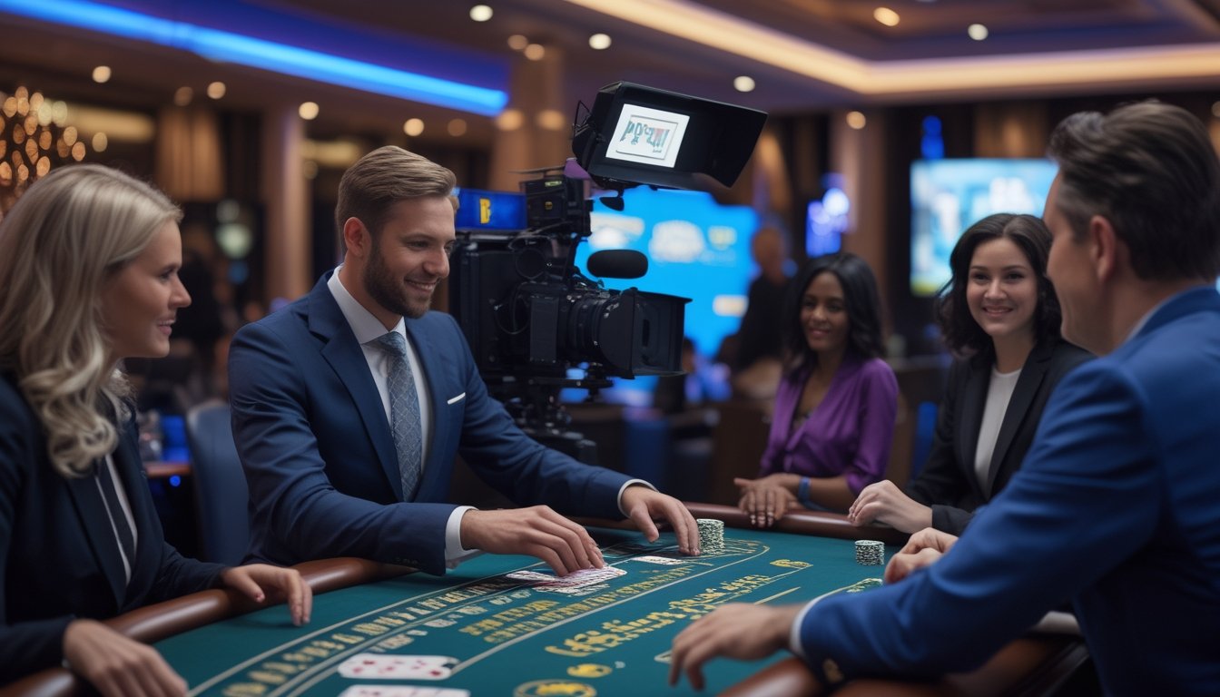 Dealer blackjack melayani pemain di meja kasino modern dengan kamera streaming di Atlantic City.