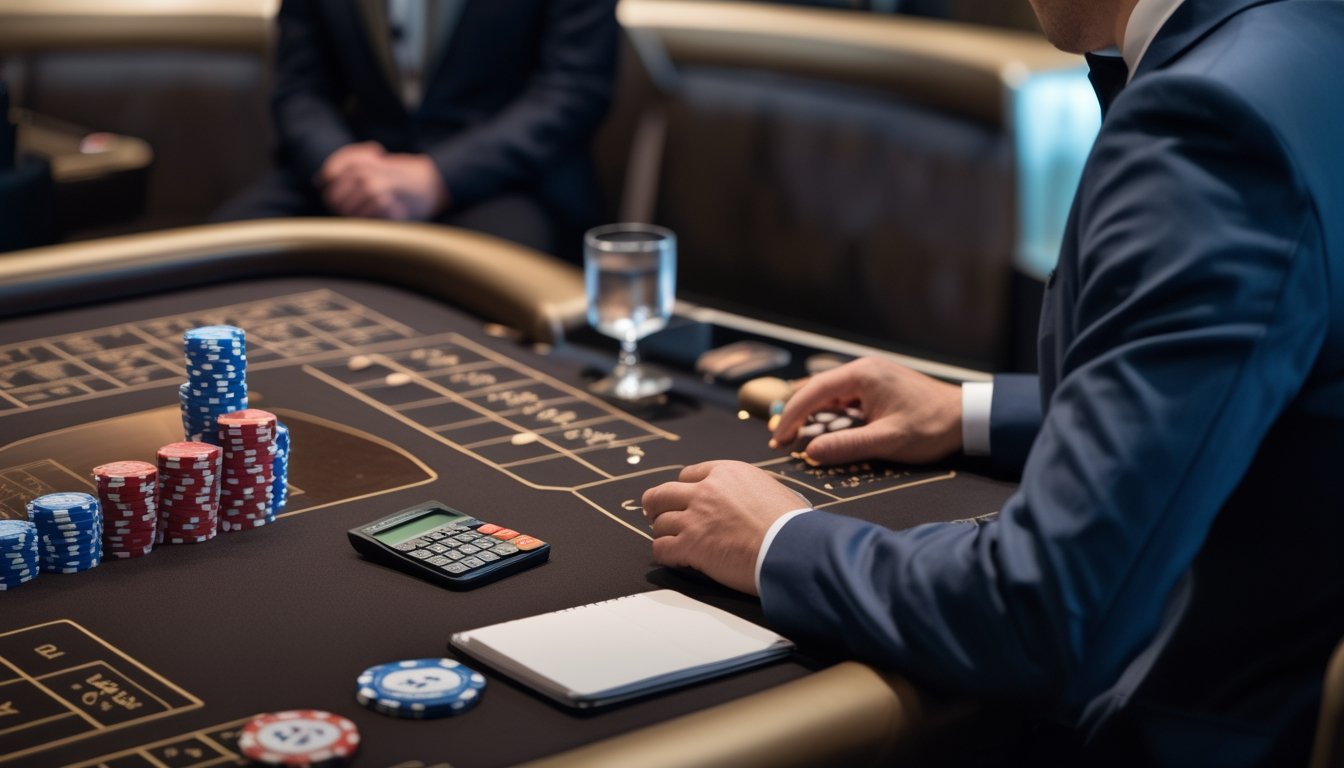 Pemain blackjack mengatur tumpukan chip dan mencatat anggaran di meja kasino.