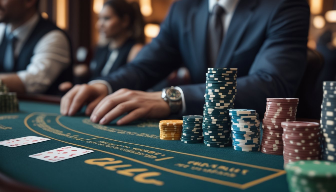 Pemain blackjack mengatur beberapa tumpukan chip secara teratur di meja kasino selama sesi permainan panjang.