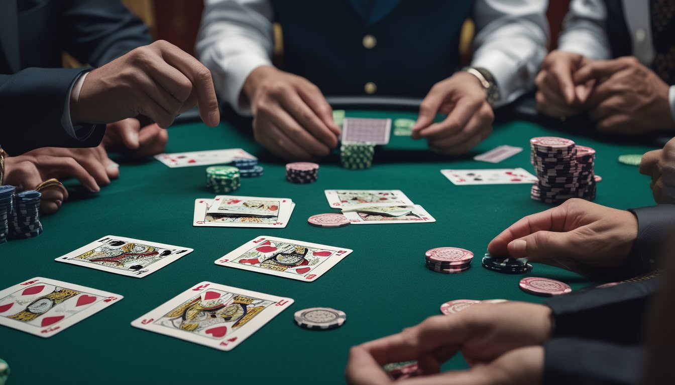 Dealer dan beberapa pemain berada di meja blackjack kasino dengan kartu dan keping taruhan.