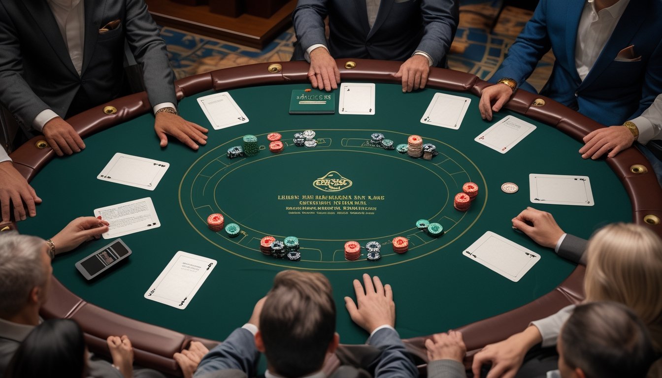 Meja blackjack di kasino dengan kartu, keping taruhan, dealer, dan beberapa pemain yang mengamati permainan.