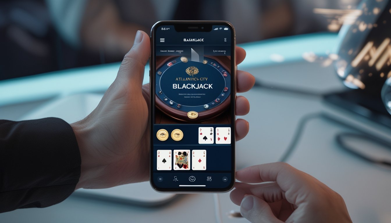 Tangan memegang ponsel yang menampilkan permainan blackjack di meja dengan suasana kasino modern.